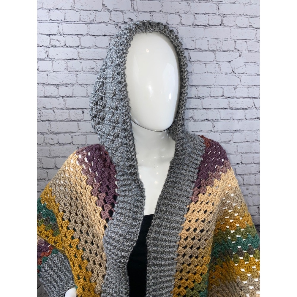 Handmade Crochet Hooded Shawl Wrap Multicolor Striped Fringe Boho Cardigan Gray - Picture 7 of 10